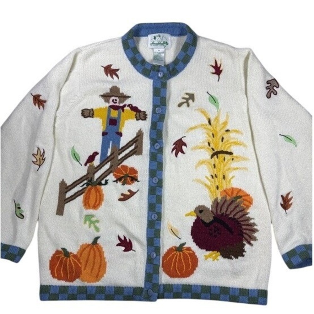 Vintage Quacker Factory Cardigan Sweater Thanksgiving Turkey Fall Teacher Size M